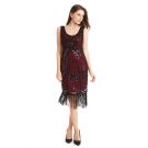 Burgundy 1920s flapper dress with black Art Deco sequin beadwork and fringe hem
