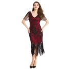 Burgundy 1920s flapper dress with black sequin beadwork and rope fringe hem