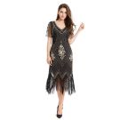 Black and gold beaded 1920s flapper dress with Art Deco pattern and fringe hem