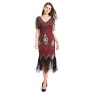 Women's burgundy 1920s flapper dress with beaded Art Deco scrollwork and black fringe hem