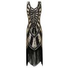 Womens 1920s black sequined flapper dress with gold and silver Art Deco pattern and long fringe hem