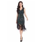 Womens 1920s green sequin flapper dress with long black fringe hem and Art Deco beading
