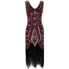 Burgundy sequined 1920s flapper dress with black tassel fringe hem and Art Deco beadwork
