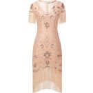 Rose gold sequin flapper dress with long beaded fringe hem and Art Deco patterns