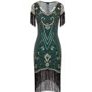 Womens emerald green 1920s flapper dress with gold Art Deco beadwork and black fringe hem