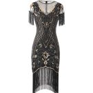 Women's black and gold sequin flapper dress with Art Deco beading and long fringe hem
