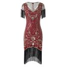 Burgundy 1920s flapper dress with gold Art Deco beading and black fringe hem