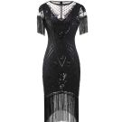 Black beaded flapper dress with floor-length fringe and Art Deco geometric beadwork