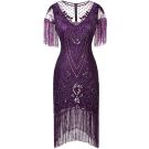 Womens deep purple 1920s flapper dress with Art Deco beadwork and long fringe hem