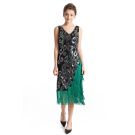 Black sequin bodice with silver and green Art Deco beadwork on womens 1920s flapper dress