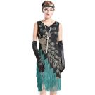 Black sequin flapper dress with turquoise peacock embroidery and tiered fringe skirt