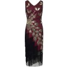 Burgundy sequin flapper dress with gold peacock embroidery and black fringe tiers