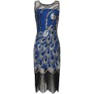 Womens royal blue sequined flapper dress with peacock Art Deco motif and black fringe hem