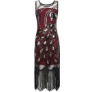 Burgundy 1920s flapper dress with silver and gold Art Deco peacock sequins and black fringe hem