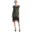 Womens emerald sequin dress with jeweled headband and pearl accessories, complete 1920s look