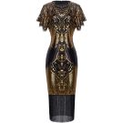 Black and gold 1920s flapper dress with Art Deco beadwork and long fringe tassels