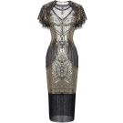 Womens 1920s flapper dress with gold and black Art Deco beading and long black fringe hem