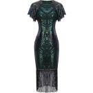Women's emerald green sequined flapper dress with Art Deco beadwork and black fringe hem
