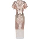 Women's rose gold flapper dress with Art Deco beading and cream fringe hem