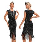 Black flapper dress with silver Art Deco sequins and long fringe hem