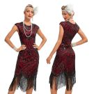 Burgundy sequin flapper dress with black Art Deco beadwork and fringe hem for 1920s Gatsby parties