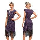 Womens purple sequin flapper dress with black fringe hem and Art Deco beading