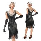 Black sequin flapper dress with Art Deco chevron pattern and tiered fringe hem