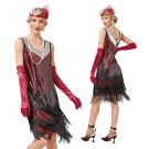 Womens black and red sequined 1920s flapper dress with art deco chevron pattern and multi-layered fringe hem