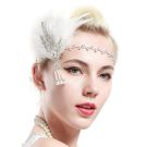White feather 1920s flapper headpiece with silver crystal leaf centerpiece and pearl tassels