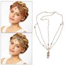 Gold 1920s Art Deco head chain with red beaded strands and filigree forehead pendant