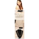 Gold layered Art Deco head chain with leaf charms draped across forehead