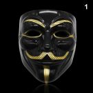 V for Vendetta mask in glossy black with gold trim showing Guy Fawkes design