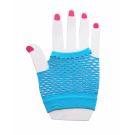 Light blue fishnet fingerless gloves with diamond mesh pattern and ribbed cuff