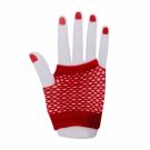 Bright neon red fishnet fingerless gloves with diamond-pattern weave and elastic wrist band