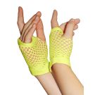 Neon yellow fishnet fingerless gloves with diamond-weave mesh pattern