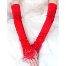 Red lace gloves over-elbow length with floral appliqué detail