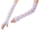 White lace gloves over-elbow length with fingerless thumb loop design and sequin embellishments