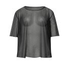 Black fishnet mesh vest with diamond-pattern open weave and short sleeves
