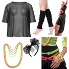 Adult 80s costume accessory set with black fishnet mesh top and neon beaded jewelry