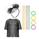 Black fishnet mesh top with neon beaded necklaces and lace bow headband for 80s punk costume