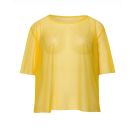 Adult yellow fishnet mesh top with elbow-length sleeves, front view on white background