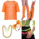 Adult 1980s neon orange mesh vest and leg warmers costume accessory set
