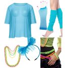 Adult 80s neon fishnet vest costume set with beaded jewellery and headband