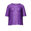 Purple fishnet mesh top in oversized tee style with crew neck and short sleeves