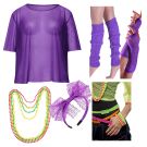 Adult 1980s purple neon fishnet string vest with fingerless gloves and legwarmers on white background
