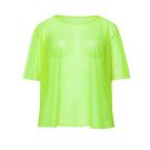 Adult neon green fishnet mesh top with crew neck and short sleeves on white background