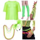 Adult wearing fluorescent lime mesh vest with neon beaded jewelry and fishnet gloves for 1980s costume party