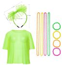 Adult wearing neon lime green fishnet mesh vest with lace bow headpiece and colorful beaded necklaces