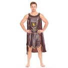 Adult roman gladiator costume with brown tunic, gold trim and attached cape