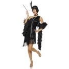 Adult women's 1920s black flapper costume with tiered fringe dress and feathered headband